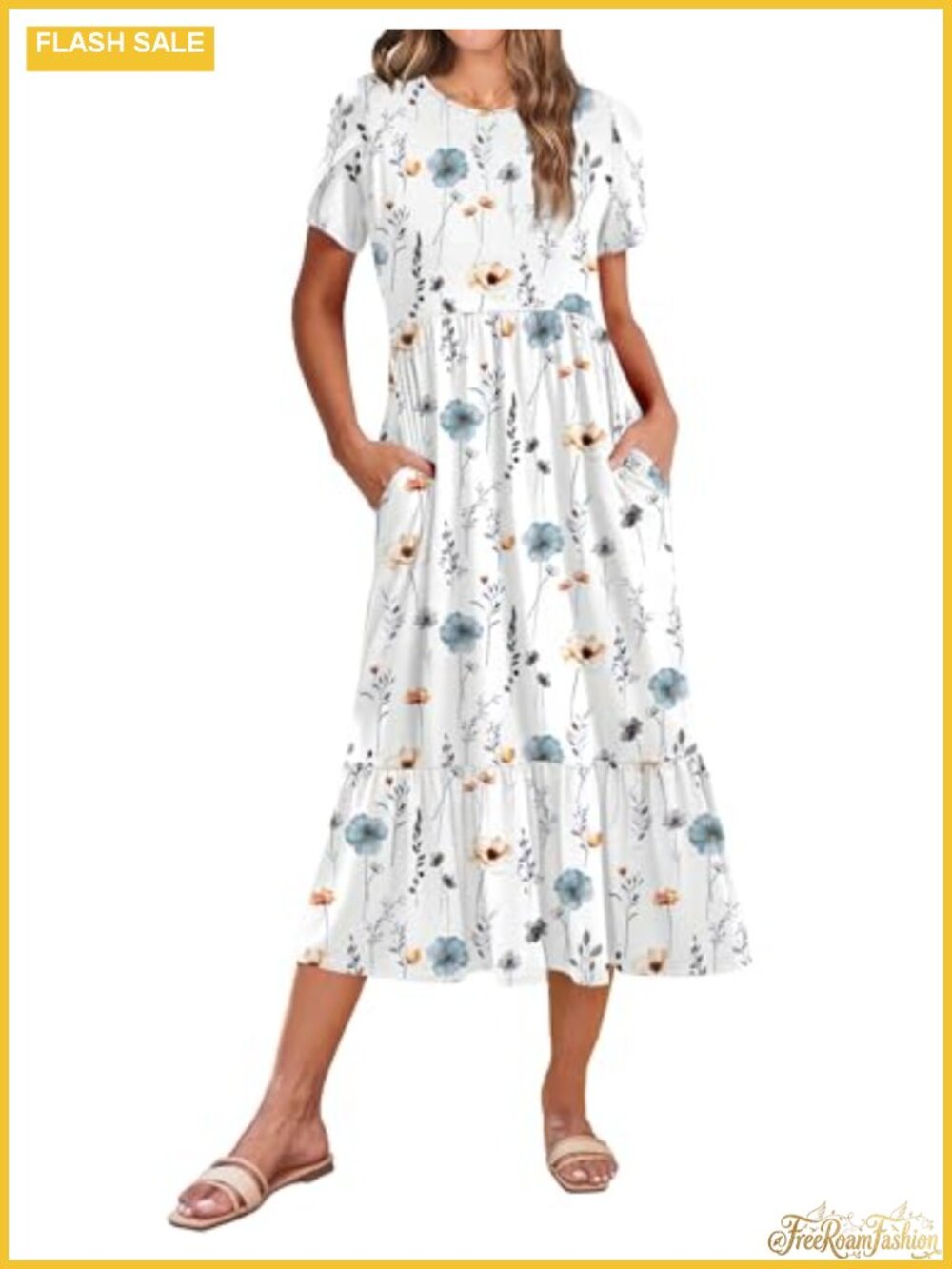 Women's Midi A-Line Dress Petal Sleeve Tiered Flowy with Pockets